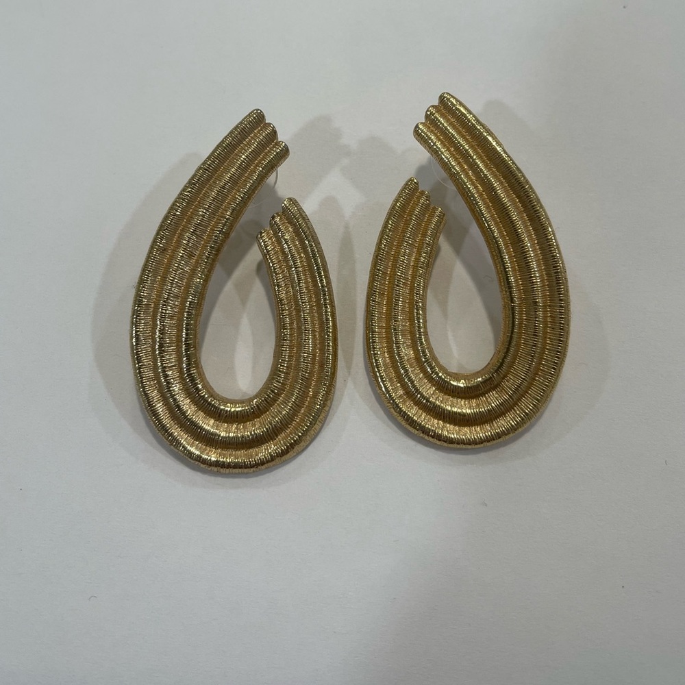 Vintage GIVENCHY Signed Huge 2" Textured Gold Tone Post Pierced Hoop Earrings